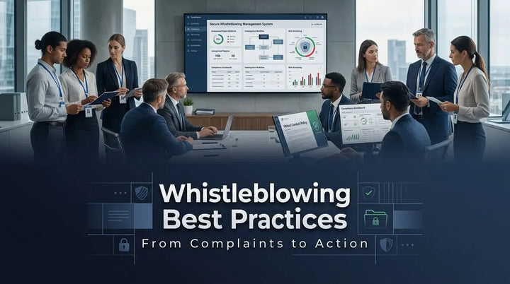 Corporate training session on whistleblowing best practices, showing a professional team reviewing reports and data on screens to implement compliant complaint-to-action procedures. 