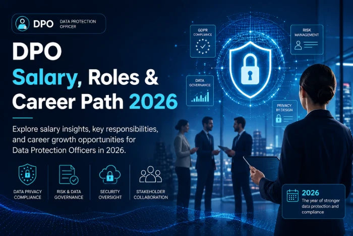 Banner for blog on DPO salary, roles, and career path in 2026, featuring a professional office scene, holographic data protection and compliance icons, and keywords like GDPR, risk management, data governance, and privacy by design.
