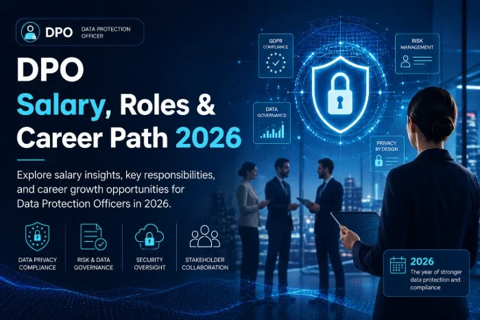Banner for blog on DPO salary, roles, and career path in 2026, featuring a professional office scene, holographic data protection and compliance icons, and keywords like GDPR, risk management, data governance, and privacy by design.