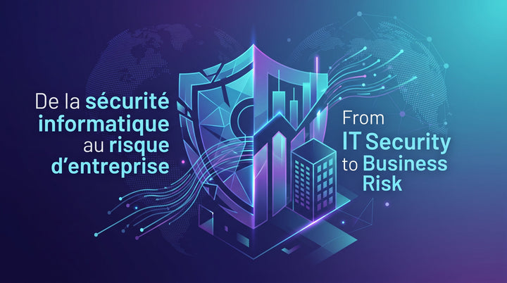 Abstract cybersecurity-to-business concept showing a digital shield merging with financial charts, connected by data streams, with bilingual French and English text in a futuristic blue-purple corporate design.