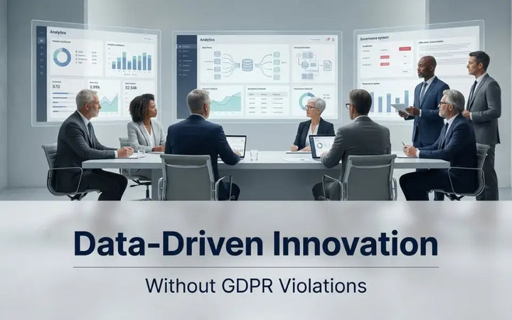 Corporate team analyzing data-driven innovation strategies on multiple digital dashboards in a modern office, ensuring insights and decisions comply with GDPR regulations.
