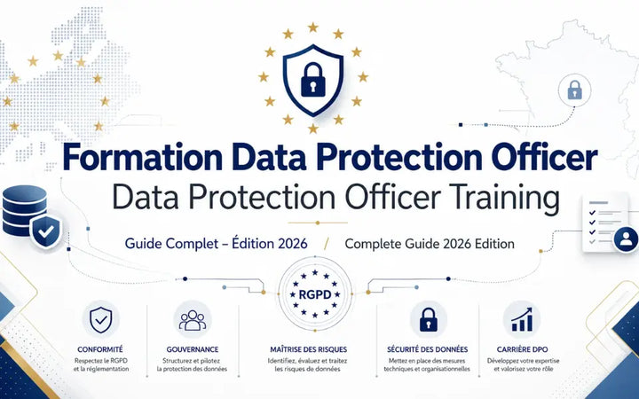 Data Protection Officer Training banner with French and English text, featuring icons for GDPR compliance, data security, risk management, and career development, along with European and French maps.