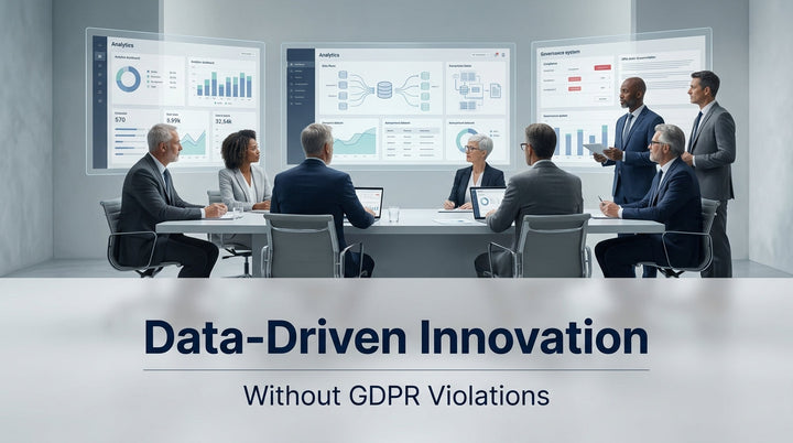 Corporate team analyzing data-driven innovation strategies on multiple digital dashboards in a modern office, ensuring insights and decisions comply with GDPR regulations.