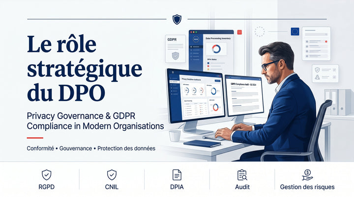 Professional banner titled "Le rôle stratégique du DPO" showing a professional reviewing GDPR dashboards, featuring CNIL, DPIA, and audit icons.