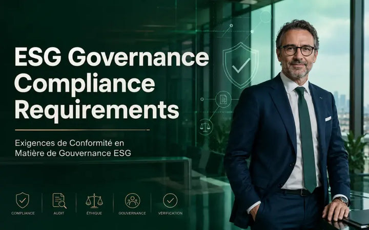 ESG governance compliance requirements hero image with executive leader, Paris skyline, and legal-tech compliance icons.