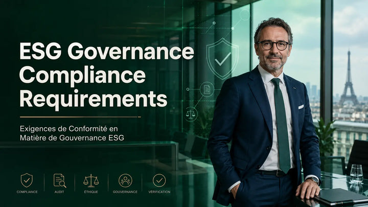 ESG governance compliance requirements hero image with executive leader, Paris skyline, and legal-tech compliance icons.