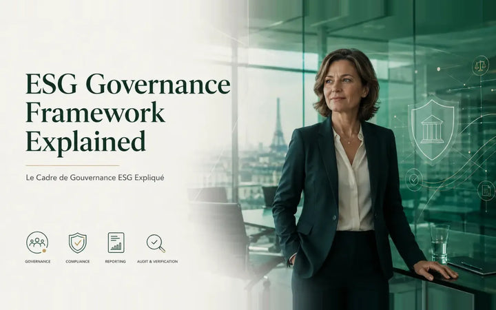 ESG governance framework cover image with executive leader, compliance icons, and Paris corporate office background.