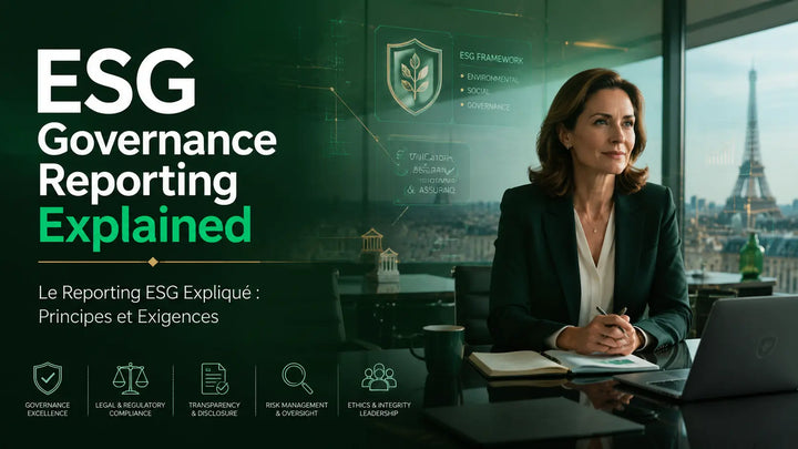 ESG governance reporting explained corporate compliance executive leadership with Paris skyline and regulatory framework visuals