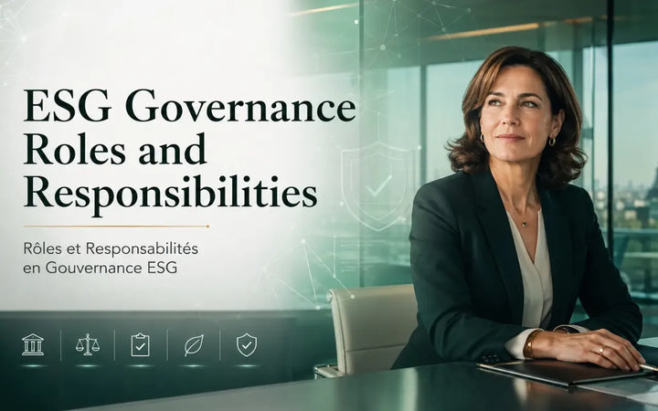 Executive ESG governance roles and responsibilities cover image with compliance leader in a premium corporate office.