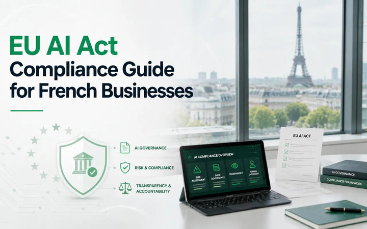 EU AI Act Compliance Guide for French Businesses with AI governance dashboard and Paris skyline.
