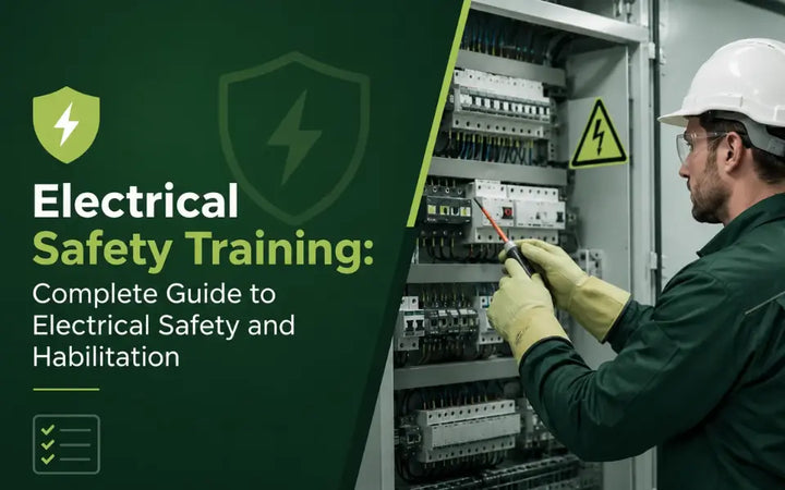 Electrical safety training with a qualified technician inspecting an electrical control panel using protective equipment.