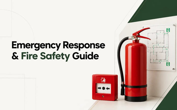 Emergency response and fire safety guide with fire extinguisher and safety equipment.