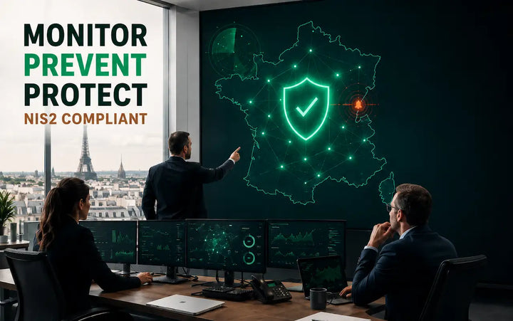  Cyber threat France operations team monitoring a protected digital map of France, with an active threat alert, security shield and NIS2 compliance message.