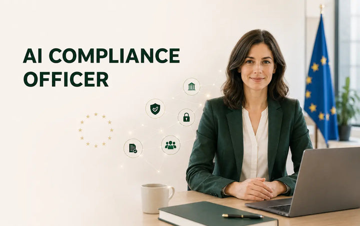 AI compliance officer in a European office coordinating governance, privacy, cybersecurity and regulatory oversight for responsible AI.