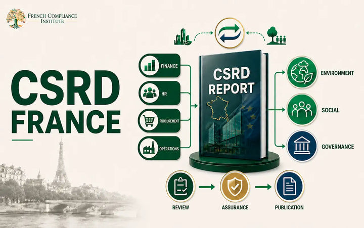 CSRD France reporting infographic showing ESG reporting across finance, HR, procurement, operations, environment, social, and governance, with review, assurance, and publication stages.