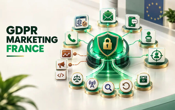 GDPR marketing France infographic showing a secure 3D data protection system with a central privacy shield, consent controls, cookies, email, messaging, analytics, legal compliance, and protected marketing channels.
