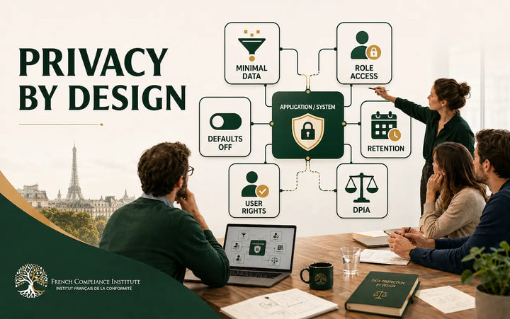 Privacy by design France feature image showing a product team embedding minimal data, role access, privacy defaults, retention, user rights and DPIA into system design.