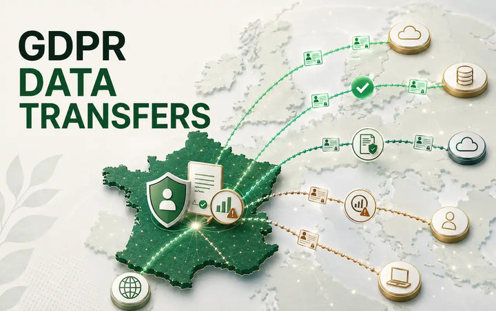 Data transfer GDPR France illustrated with international personal data flows, compliance checks, cloud systems, databases, and cross-border transfer safeguards under GDPR.