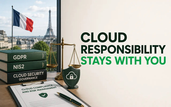 Infographic on cloud security compliance showing GDPR, NIS2, cloud governance, risk management, and the message that cloud responsibility remains with the organisation.