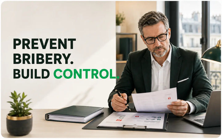 ISO 37001 France anti-bribery compliance image showing a senior compliance professional reviewing corruption-risk documentation and internal controls in a modern French office.