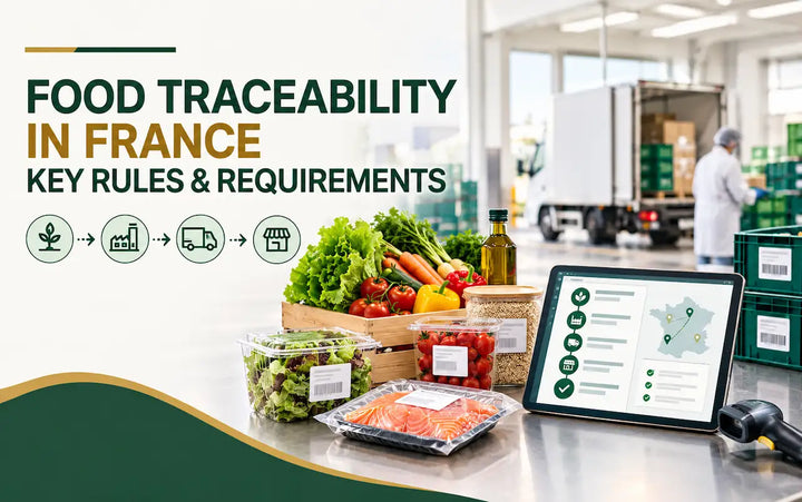 Food traceability in France showing supplier identification, batch tracking, food safety records, and regulatory compliance throughout the food supply chain.