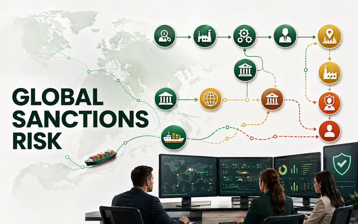 Economic D-Day infographic showing global sanctions risk, international trade routes, financial institutions, shipping networks and compliance teams monitoring sanctions exposure.