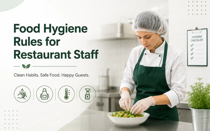 Food hygiene rules for restaurant staff covering hand hygiene, clean uniforms, safe temperatures, and sanitized surfaces.