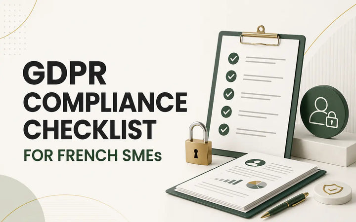 GDPR compliance checklist for French SMEs featuring a checklist, lock, and data privacy documents.