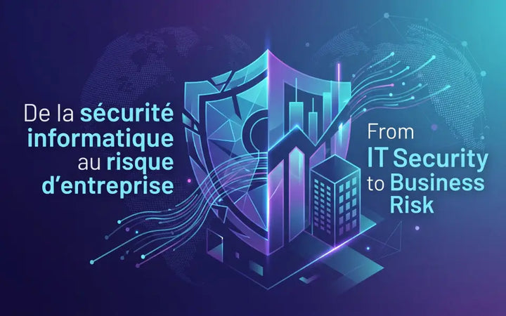 Abstract cybersecurity-to-business concept showing a digital shield merging with financial charts, connected by data streams, with bilingual French and English text in a futuristic blue-purple corporate design.