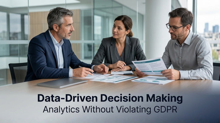 Three business professionals reviewing reports and analytics during a meeting focused on data-driven decision making and GDPR-compliant data management in a modern office environment.