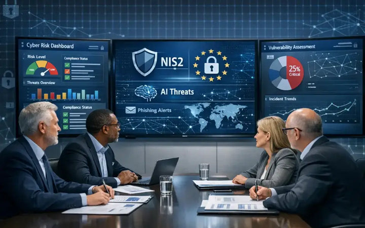 Réunion d'équipe de direction sur la cybersécurité et la conformité NIS2, avec des professionnels analysant des tableaux de bord des risques cyber, des évaluations de vulnérabilité et des menaces d’IA dans un bureau moderne.
