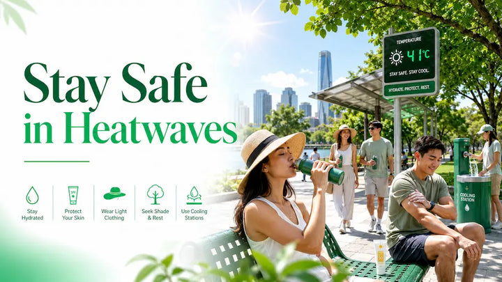 Heatwave safety tips with hydration, shade, sunscreen, and cooling station