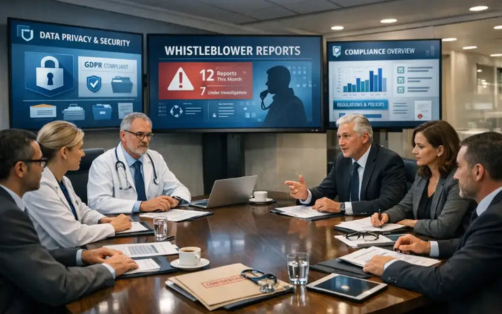 Corporate compliance meeting discussing whistleblower reports, data privacy, cybersecurity, and governance policies in a modern boardroom environment.