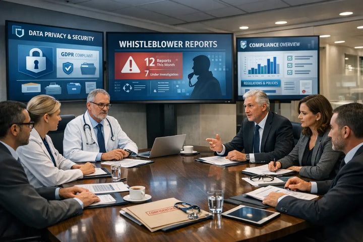 Corporate compliance meeting discussing whistleblower reports, data privacy, cybersecurity, and governance policies in a modern boardroom environment.
