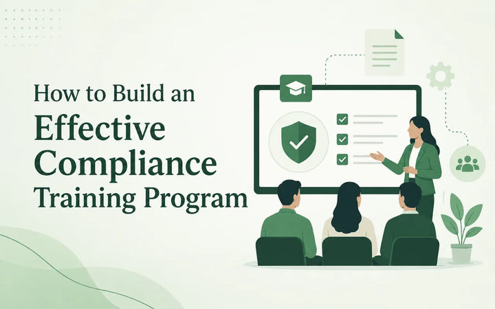 French compliance training program illustration showing a trainer presenting compliance rules, checklists and learning objectives to employees during a workplace training session.