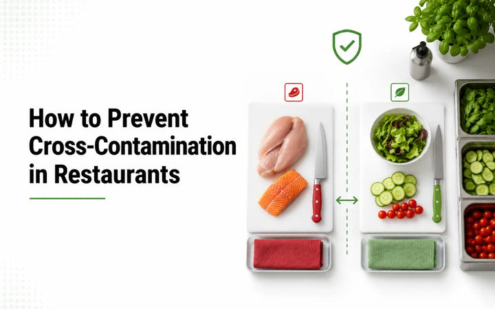 Preventing cross-contamination in restaurants by separating raw meat, vegetables, utensils, and prep areas.