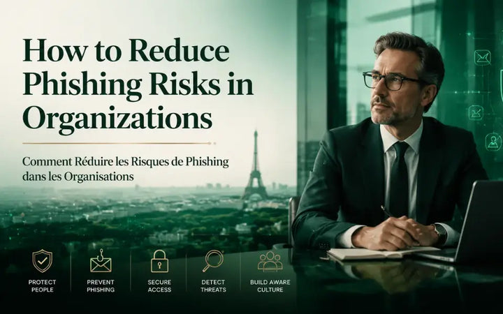 Executive in modern corporate office reviewing strategies to reduce phishing risks, with bilingual title and emerald-green compliance theme