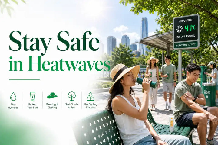 Heatwave safety tips with hydration, shade, sunscreen, and cooling station