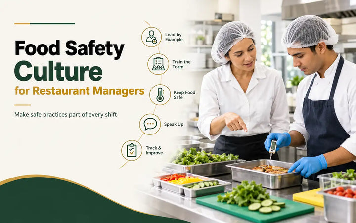 Food safety culture in restaurants highlighting leadership, staff training, safe food handling, and hygiene practices.