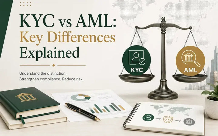 KYC vs AML comparison explaining customer identity verification, AML compliance, and financial crime prevention