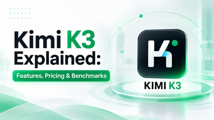Feature image for Kimi K3 Explained showing the Kimi K3 logo with a modern green tech background and the title 'Kimi K3 Explained: Features, Pricing & Benchmarks