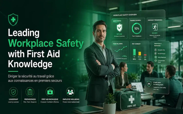 Corporate workplace safety leadership dashboard with first aid preparedness and employee wellbeing visuals.