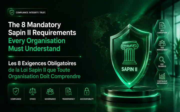 Professional emerald-green infographic highlighting the 8 mandatory Sapin II compliance requirements for organizations, with dual English and French text and 3D shield symbol.