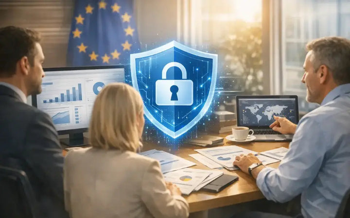 Business professionals reviewing GDPR compliance and cybersecurity reports in a corporate office with digital data protection shield graphics and the European Union flag in the background.