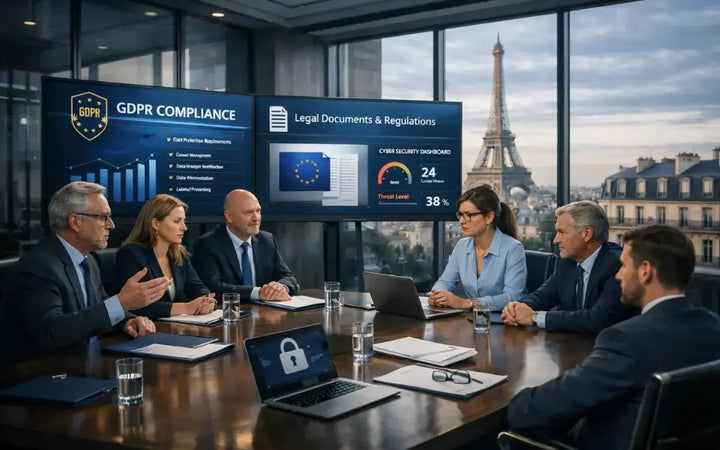 Réunion d'entreprise sur la conformité au RGPD avec des professionnels discutant de la protection des données, de la cybersécurité et des réglementations numériques dans un bureau moderne avec vue sur la Tour Eiffel.