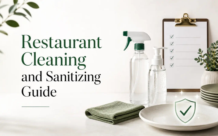 Restaurant cleaning and sanitizing guide with cleaning supplies, checklist, and sanitized tableware.