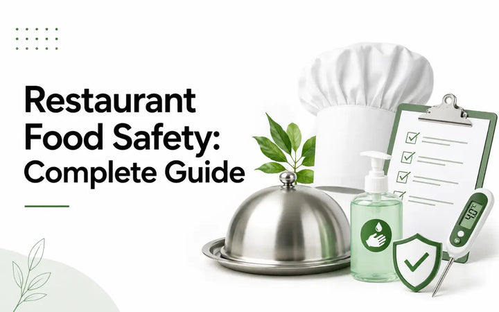 Restaurant food safety guide with chef hat, hygiene checklist, sanitizer, thermometer, and safety symbols.