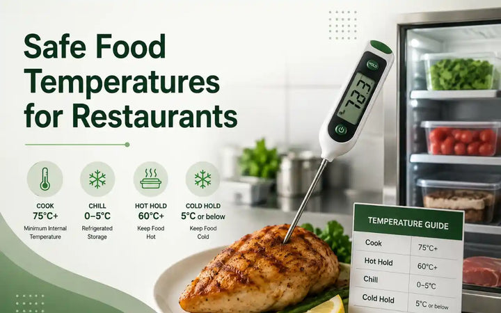 Safe food temperatures for restaurants showing cooked chicken, food thermometer, chilled storage, hot holding, and cold holding.