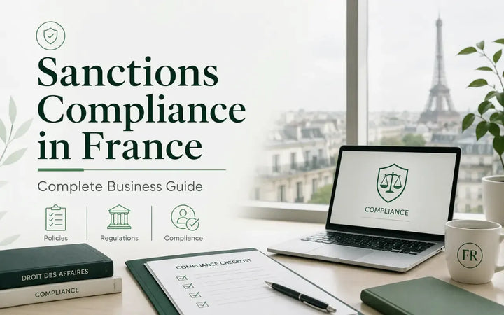 **Alt text:** EU sanctions France compliance guide showing a Paris office, Eiffel Tower, compliance checklist, legal books, and laptop with regulatory symbols.