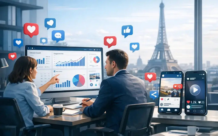 Two professionals analyzing social media engagement data on a large screen in a modern office with Paris skyline view, showing charts, graphs, and mobile app interactions to improve audience engagement.